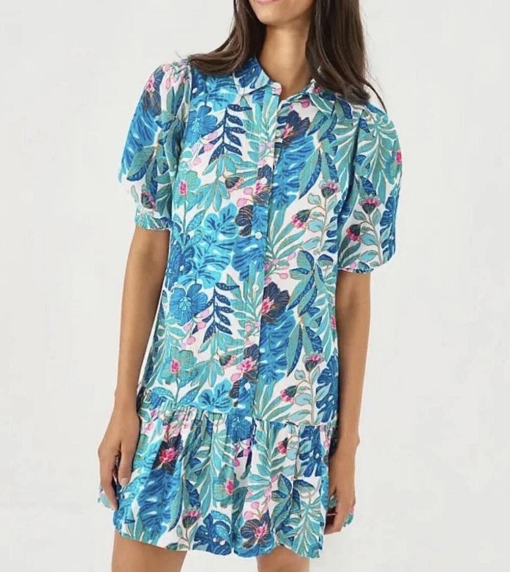 Lilly Pulitzer Brett Popover Shirtdress Blue Floral Size 14 MSRP $198